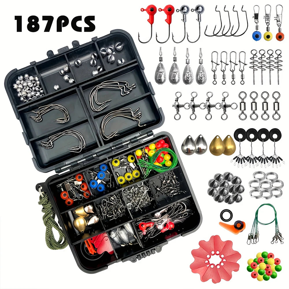 187pcs Complete Fishing Kit - HUAPUDA Tackle Box with Hooks, Bait, Sinkers for Outdoor Fishing Adventures