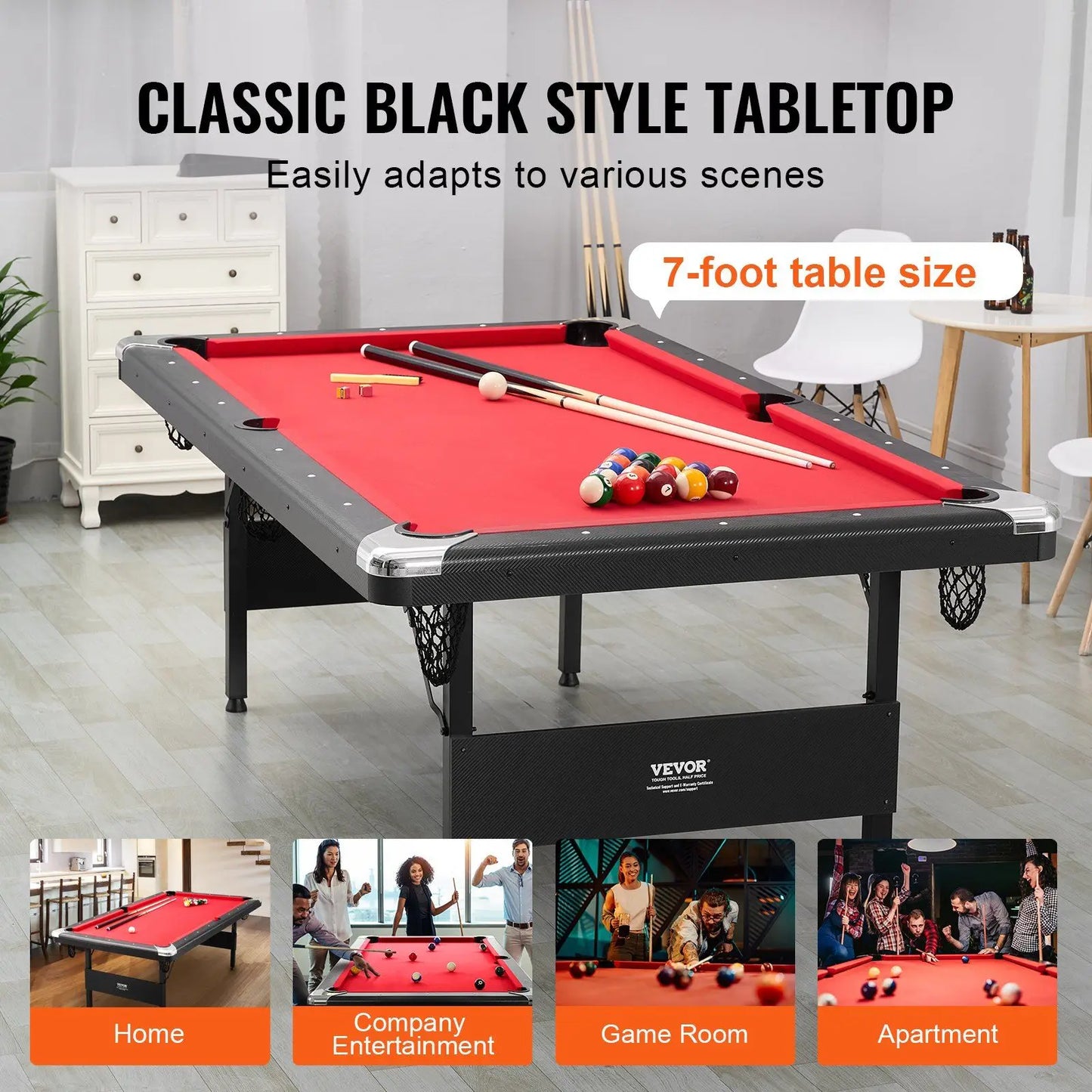 7 Ft Portable Foldable Pool Table Set Space-Saving Black Red Cloth Includes Balls Cues Brush for Family Game Room Kids Adults