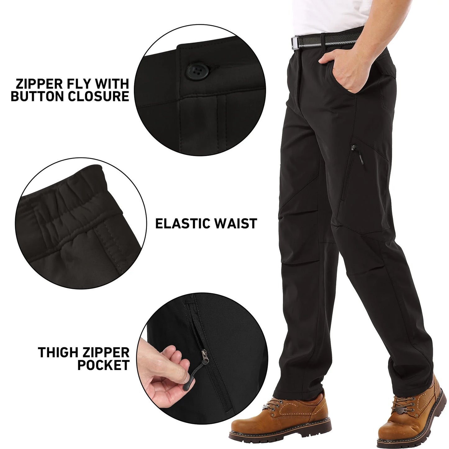 Mens Snow Pants,Waterproof Fleece Lined Winter Regular Fit Pants Black 38