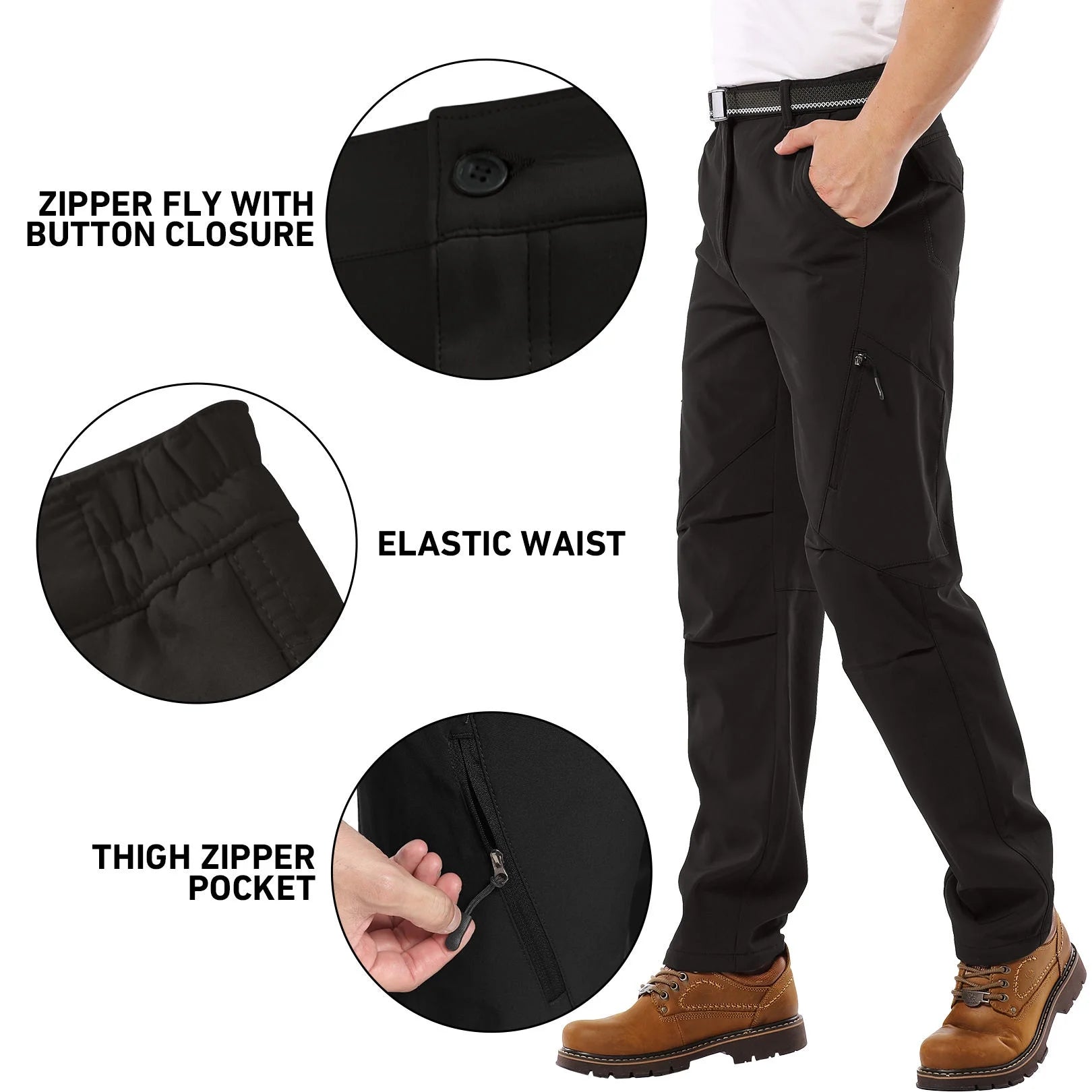 Mens Snow Pants,Waterproof Fleece Lined Winter Regular Fit Pants Black 38