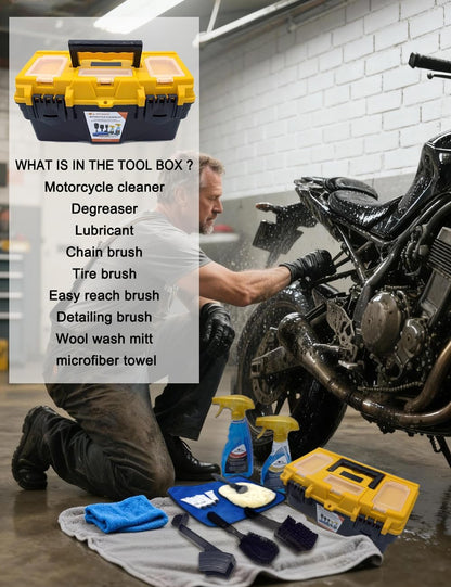 Motorcycle Dirtbike Wash Kit - Premium Cleaning and Detailing Set for Mudguard,Rims and Paint.Includes Motorcycle Cleaner(19 Oz),Chain Clean(10 Oz) Dry Lubricant(30Ml)