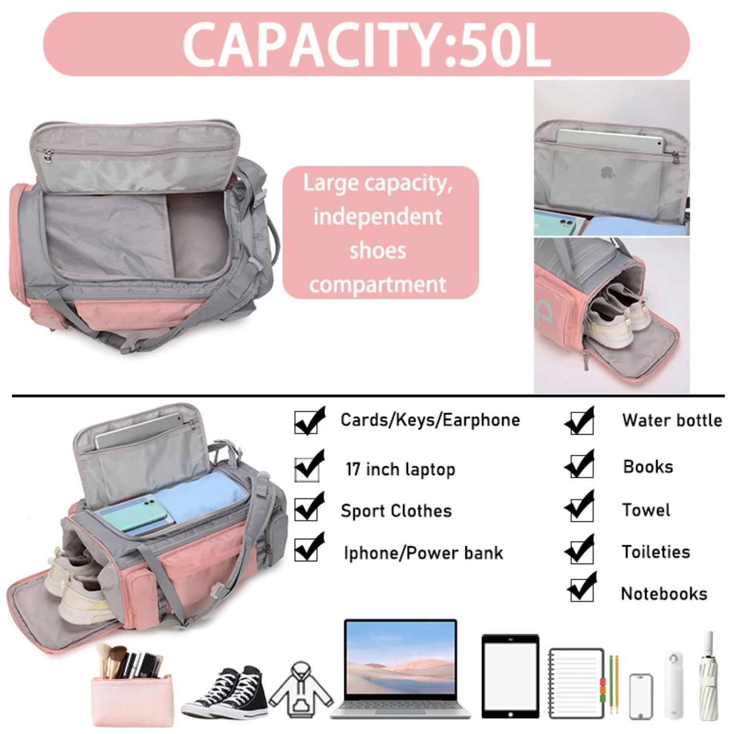 BE SMART 33L Extra Large Gym Backpack for Women, Big Gym Bag with Shoes Compartment, Waterproof Heavy Duty Duffel Bags, Women'S Workout Backpacks for Outdoor Sport,Hiking,Camping,Travel (L)