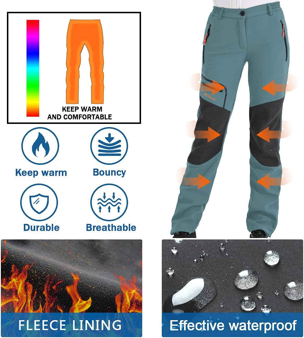 Womens Outdoor Snow Ski Pants Waterproof Hiking Insulated Softshell Pants Snowboard Zipper Bottom Leg