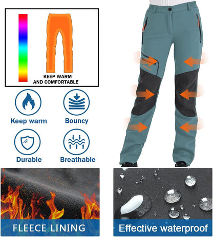 Womens Outdoor Snow Ski Pants Waterproof Hiking Insulated Softshell Pants Snowboard Zipper Bottom Leg