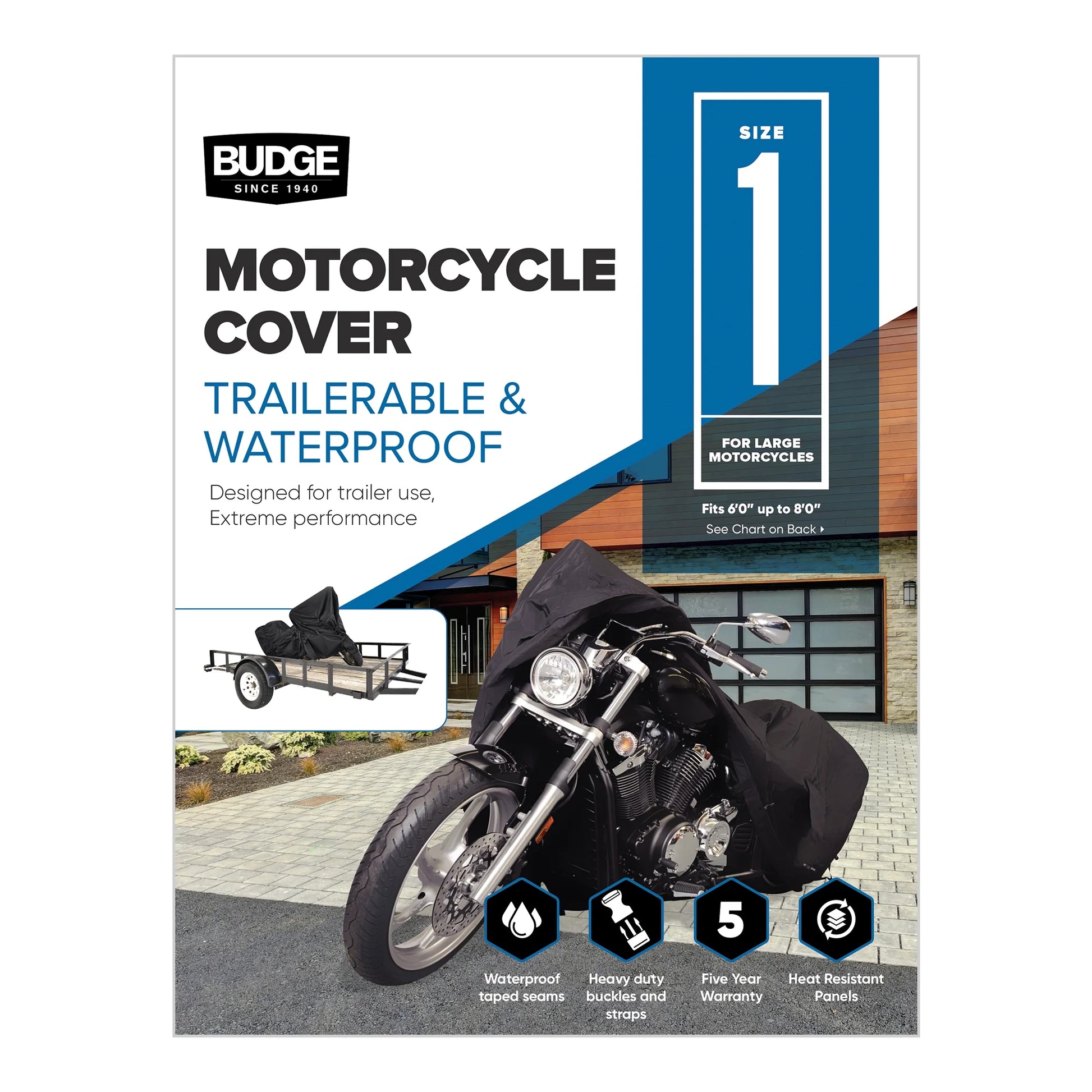 Sportsman Trailerable, Waterproof Motorcycle Cover, Heavy-Duty All Weather Indoor and Outdoor Cover, Size 1 for Large Motorcycles, Black