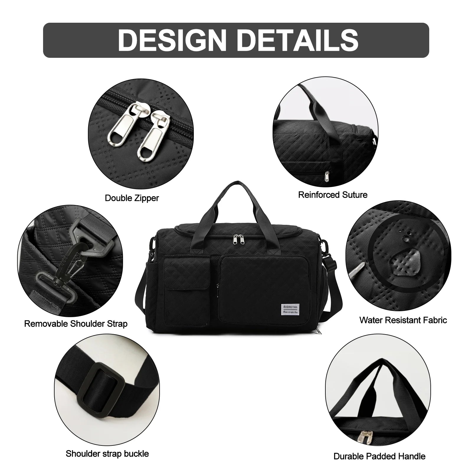 Travel Duffle Bag for Women Men, Weekender Bags Carry on Gym Bag with Wet Pocket/Adjustable Strap/Shoe Compartment, Foldable Waterproof Overnight Tote Bag for Plane Sports Dance, Black
