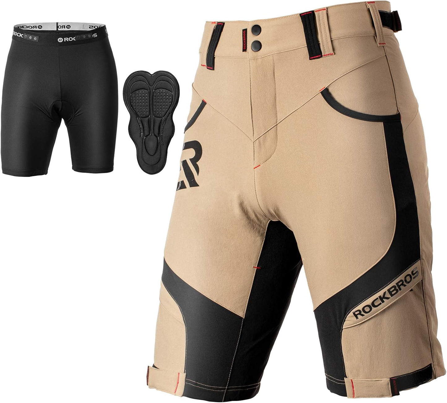 Men’S Mountain Bike Shorts with Detachable 4D Padded Liner, Hook-&-Loop Waist & Zipper Pocket Lightweight Baggy