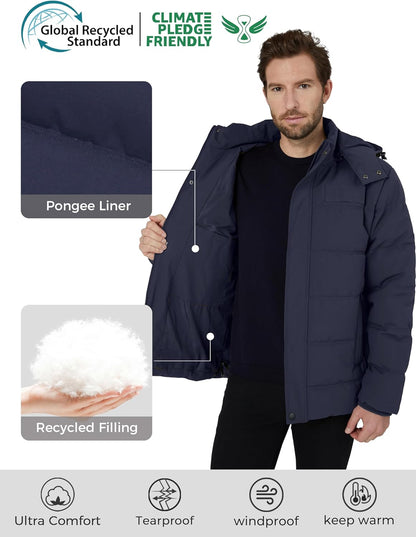 Men'S Hooded Winter Coat Warm Puffer Jacket Thicken Cotton Coat with Removable Hood