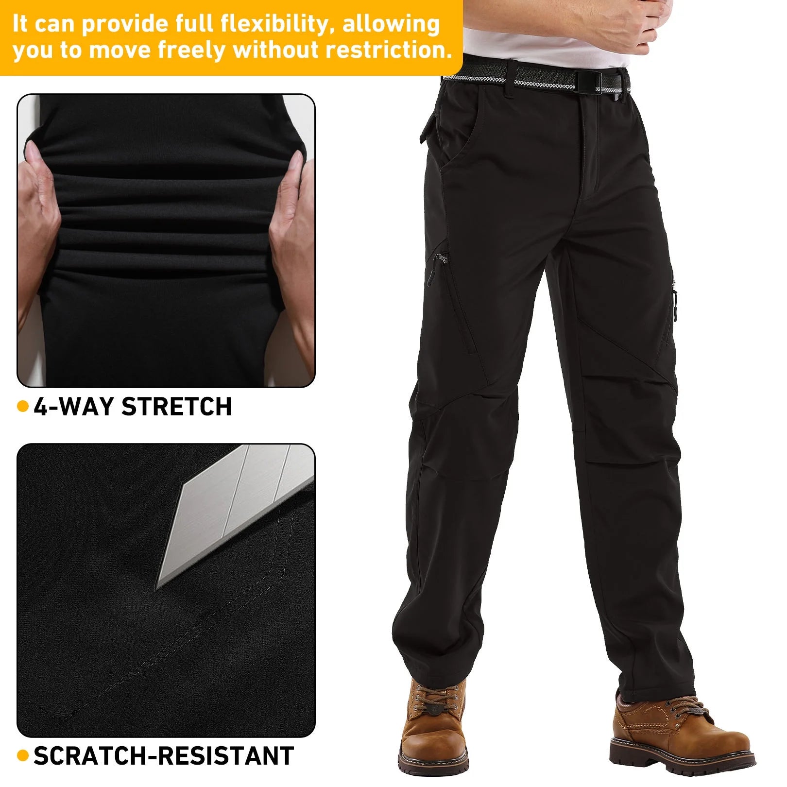 Mens Snow Pants,Waterproof Fleece Lined Winter Regular Fit Pants Black 38