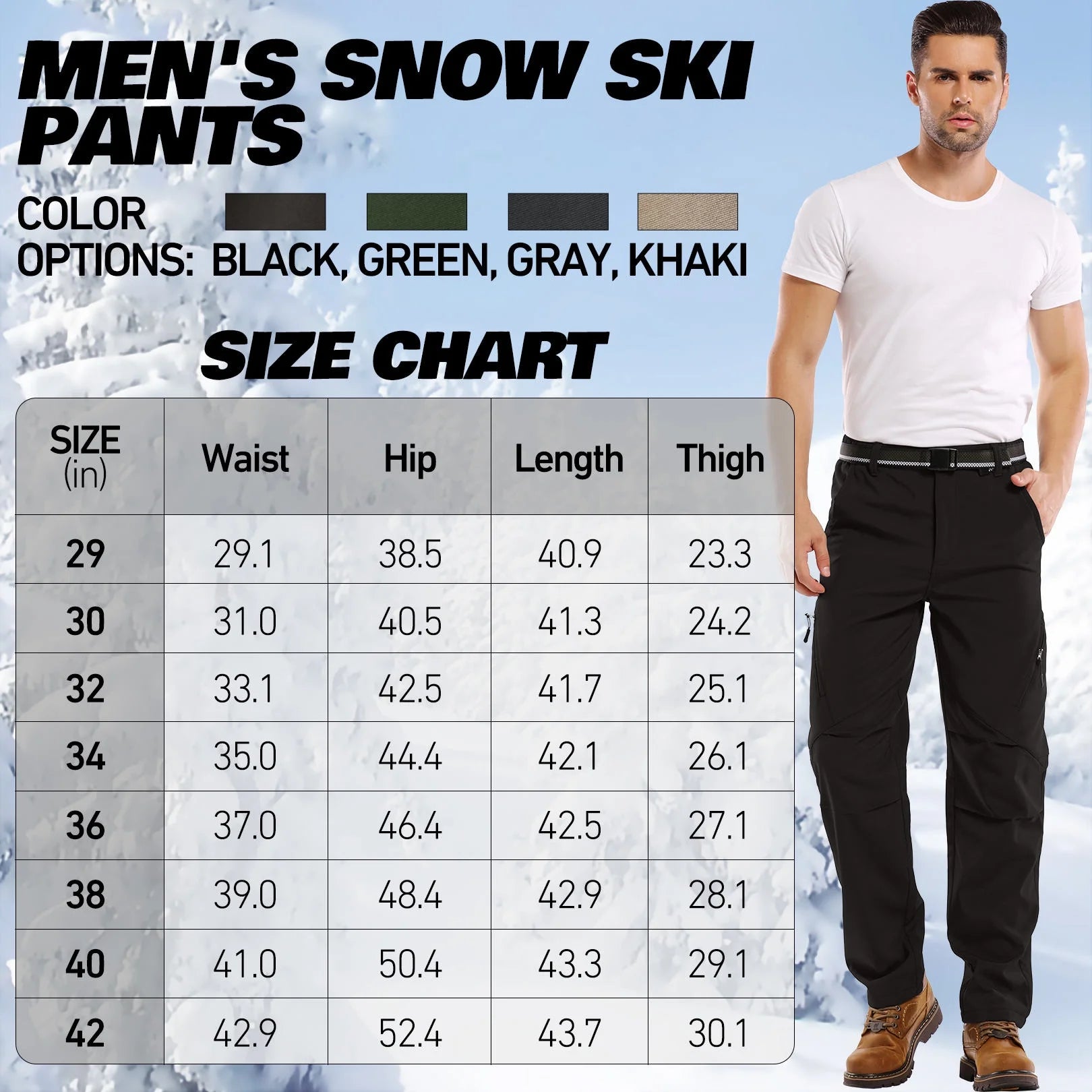 Mens Snow Pants,Waterproof Fleece Lined Winter Regular Fit Pants Black 38