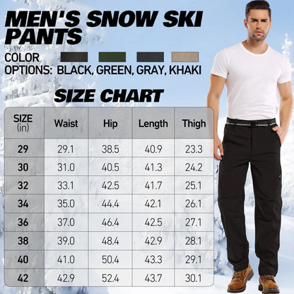 Mens Snow Pants,Waterproof Fleece Lined Winter Regular Fit Pants Black 38
