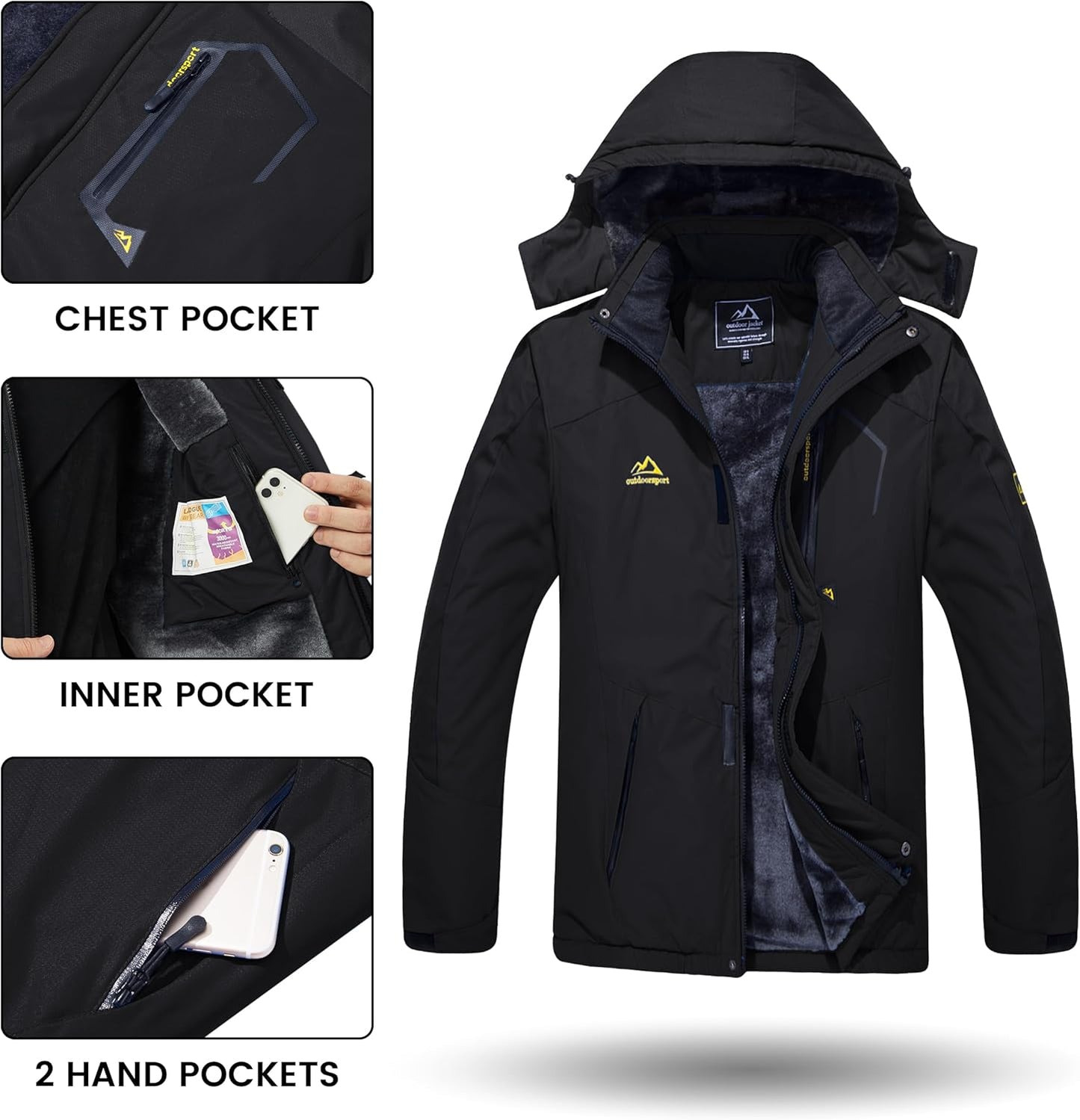 Men'S Winter Skiing Jackets Water Resistant Fleece Coats Insulated Thermal Snowboard Jacket Parka Raincoat with Hood