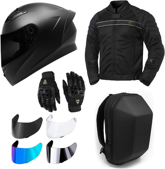 Motorcycle Protective Gear Bundle (Premium Pack) - Helmet, Jacket, Gloves, Shields, Backpack (Large)