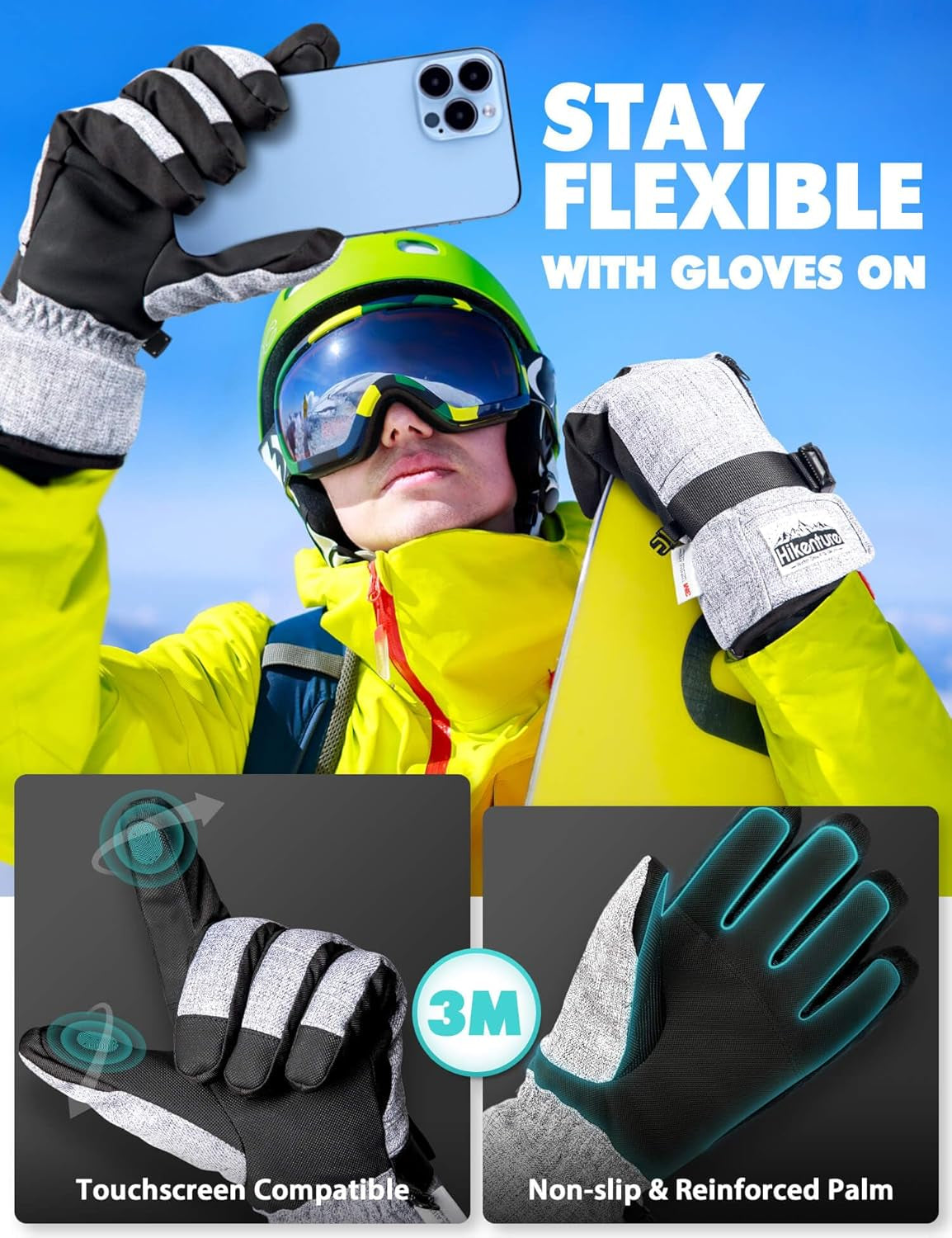 Snow Gloves for Men&Women, 3M Thinsulate Waterproof Skiing Gloves with Pocket and Touchscreen Functionality