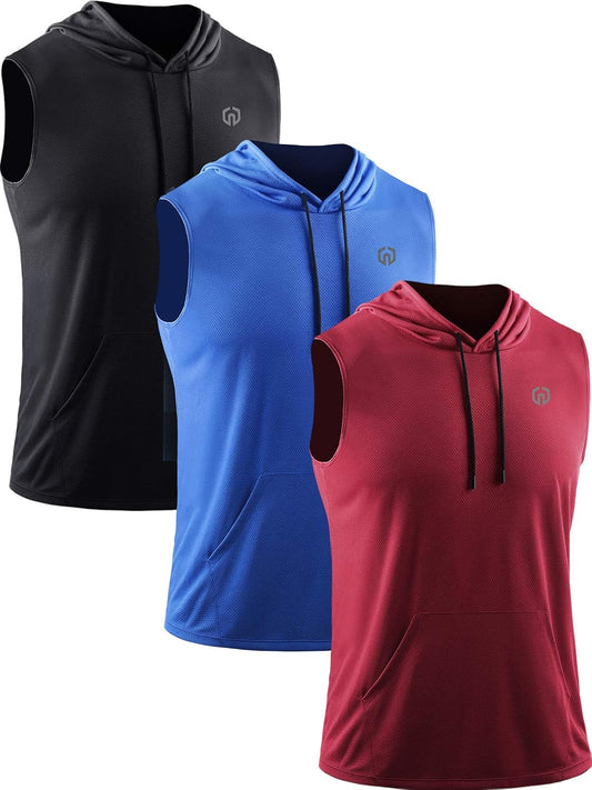 Men'S Running Tank Tops 3 Pack Sleeveless Workout Athletic Shirts with Hoods and Pockets,5093,Black/Blue/Red,M