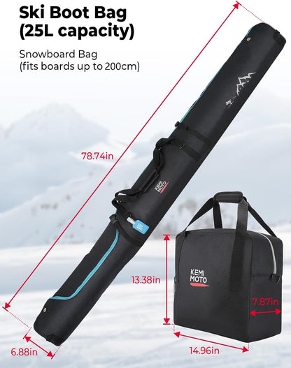 Ski Bag and Boot Bag Combo, Snowboard Bag Padded Ski Bags for Air Travel, Snow Ski Bags Fit Skis up to 200Cm, Ski Double Bag Combo