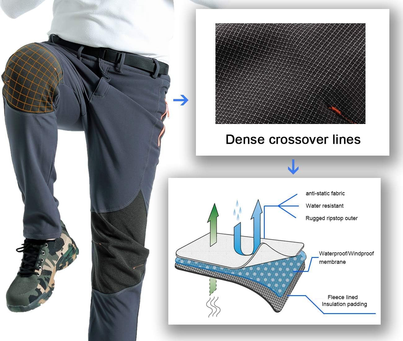 Mens Snow Ski Waterproof Softshell Snowboard Pants Outdoor Hiking Fleece Lined Zipper Bottom Leg