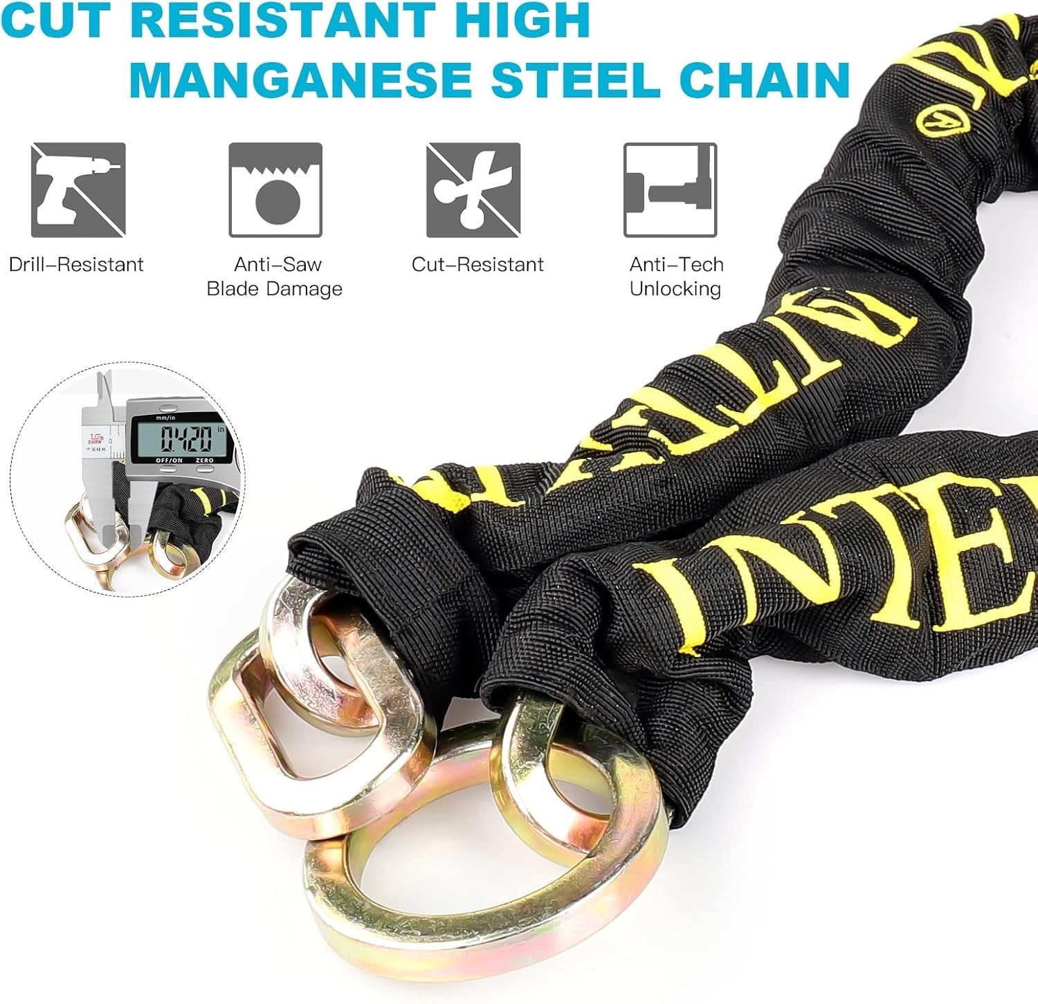 Motorcycle Chain Lock 3.6FT Bike Lock 10Mm/0.42Inch Thick Security Chain Locks Heavy Duty Bike Lock with 16Mm/0.64Inch Disc Lock for Gates, Fences and Outdoor Equipment