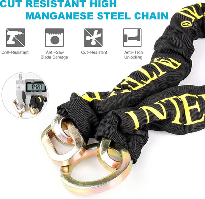 Motorcycle Chain Lock 3.6FT Bike Lock 10Mm/0.42Inch Thick Security Chain Locks Heavy Duty Bike Lock with 16Mm/0.64Inch Disc Lock for Gates, Fences and Outdoor Equipment