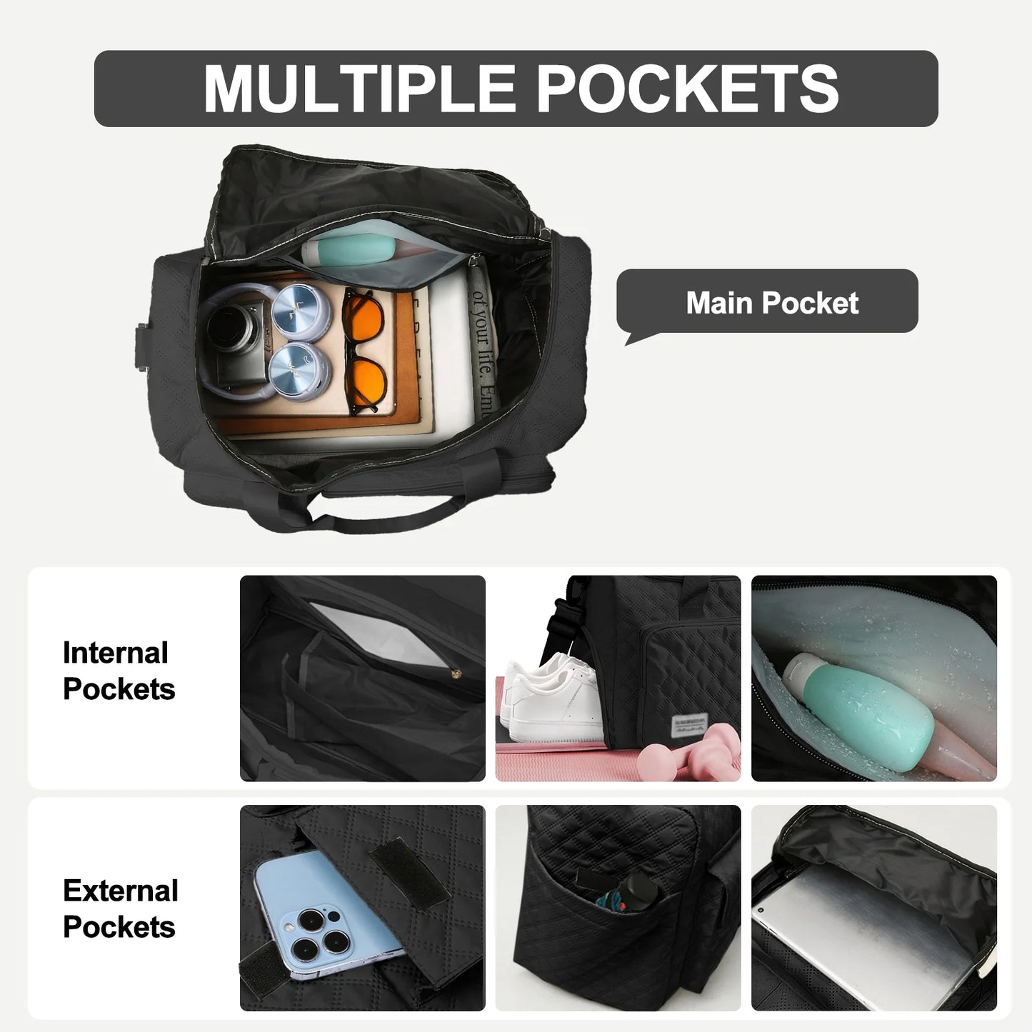 Travel Duffle Bag for Women Men, Weekender Bags Carry on Gym Bag with Wet Pocket/Adjustable Strap/Shoe Compartment, Foldable Waterproof Overnight Tote Bag for Plane Sports Dance, Black