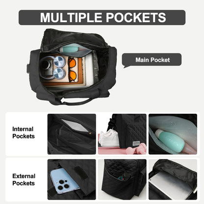 Travel Duffle Bag for Women Men, Weekender Bags Carry on Gym Bag with Wet Pocket/Adjustable Strap/Shoe Compartment, Foldable Waterproof Overnight Tote Bag for Plane Sports Dance, Black