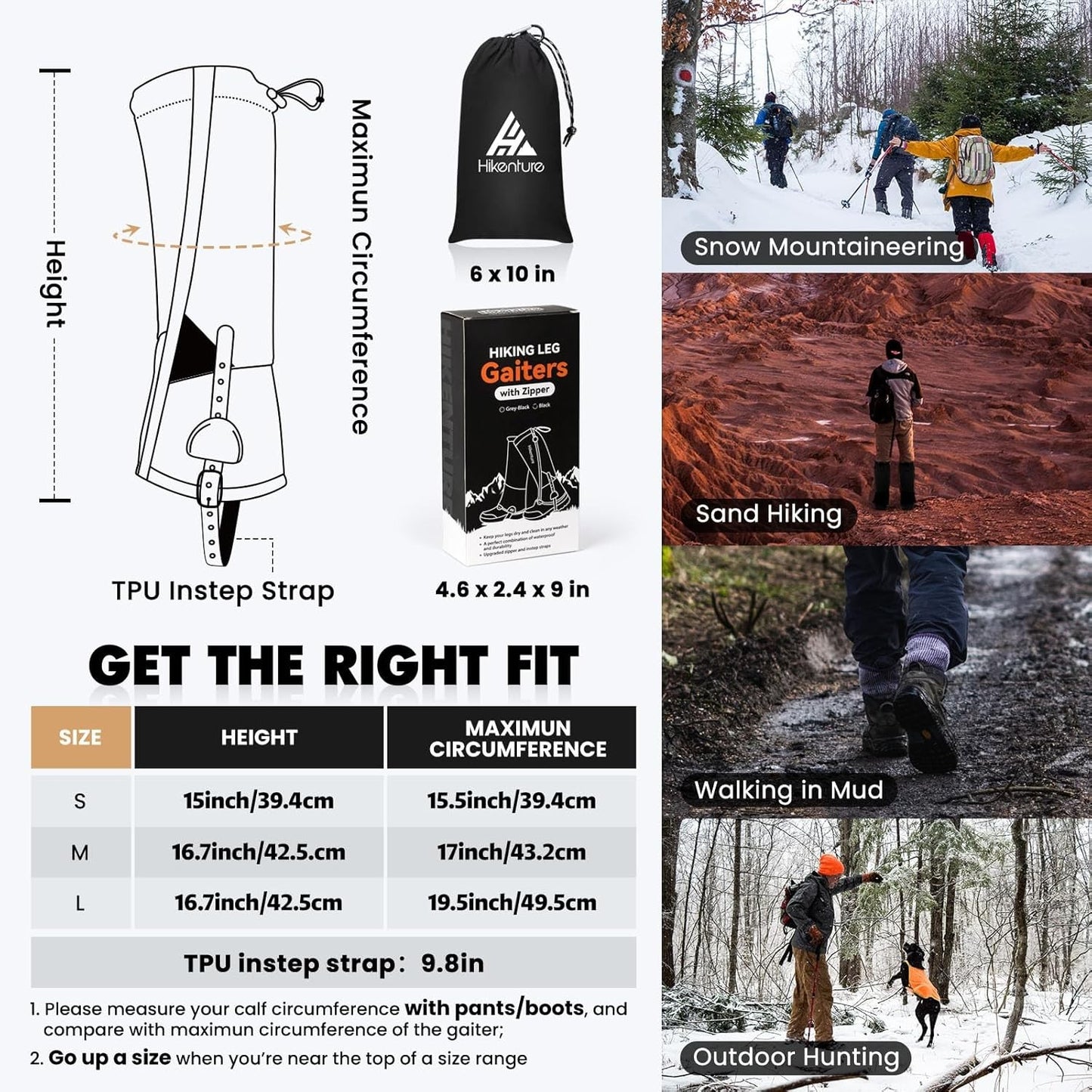 Hikenture Hiking Gaiters with Upgraded Zipper, Gaiters for Hiking Waterproof, Li