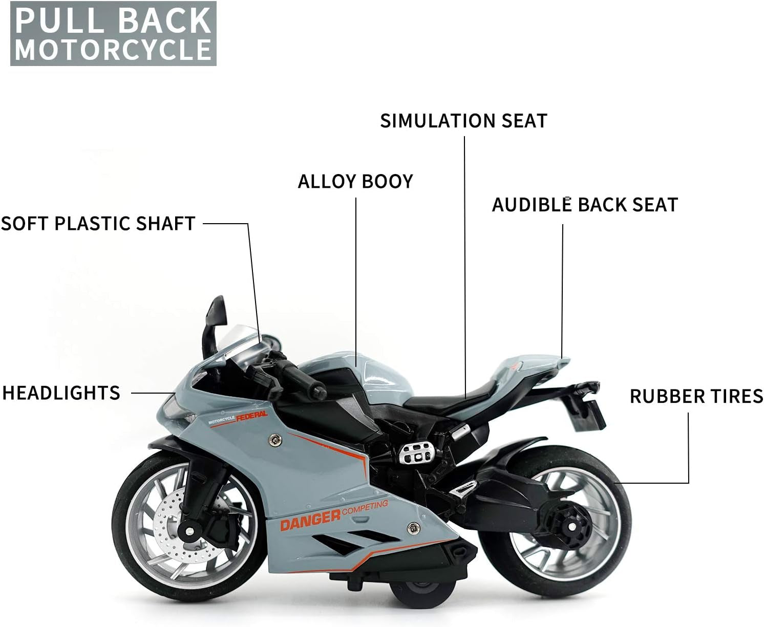 Toy Motorcycle-Pull Back Motorcycle Toy with Sounds and Lights,1:12 Scale Motorcycle Model Toy for Kids, Pull Back Vehicle Boys Kids for Age 3+ Year Old Birthday Supplies (Gray)