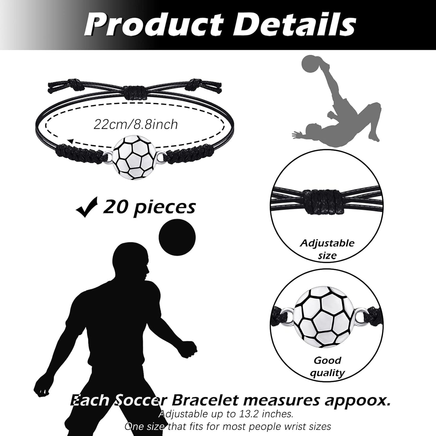 20 Pieces Soccer Charm Bracelets Bulk Soccer Team Gifts Sport Coach Gifts Adjustable Braided Rope Pendant for Women Men Coach Players Souvenir