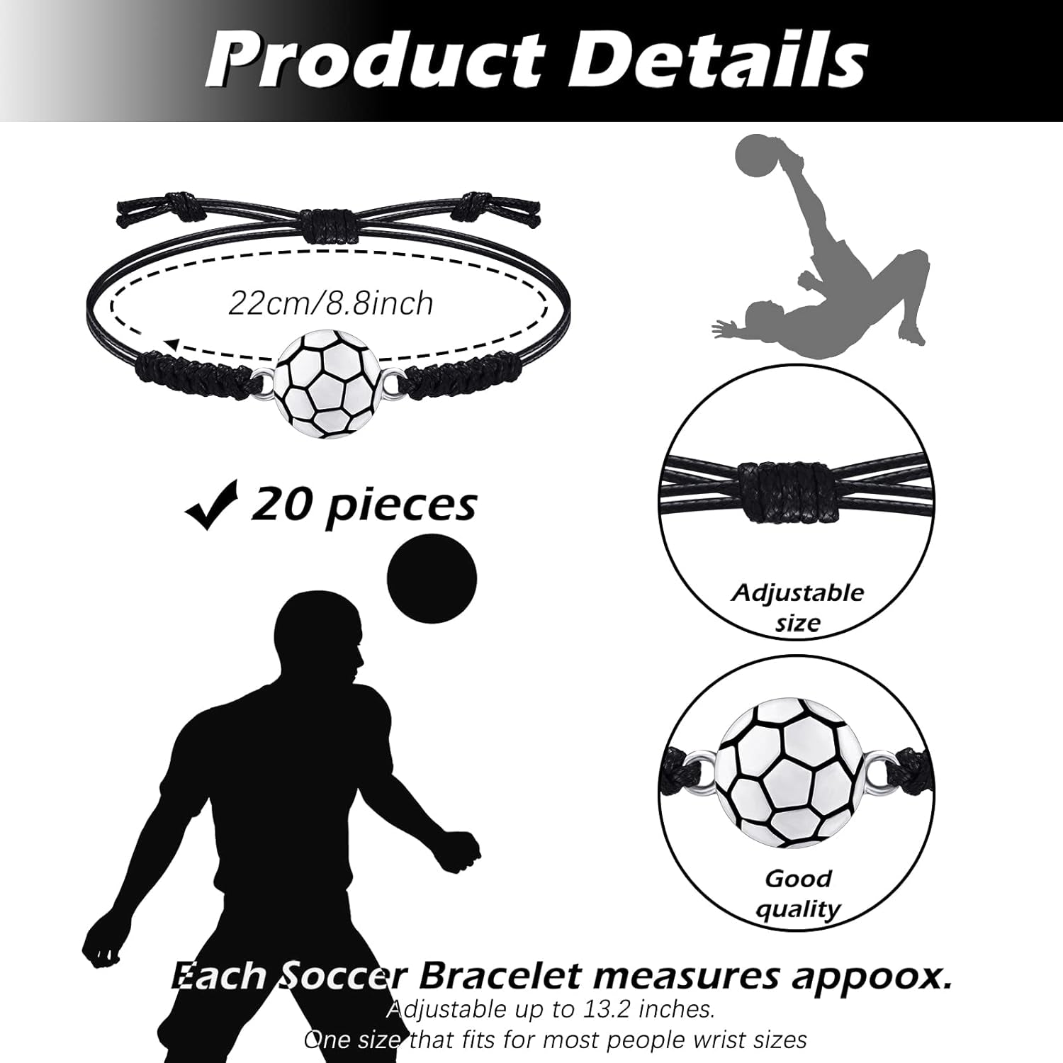 20 Pieces Soccer Charm Bracelets Bulk Soccer Team Gifts Sport Coach Gifts Adjustable Braided Rope Pendant for Women Men Coach Players Souvenir