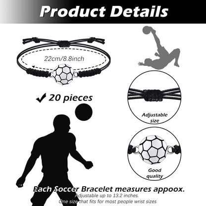 20 Pieces Soccer Charm Bracelets Bulk Soccer Team Gifts Sport Coach Gifts Adjustable Braided Rope Pendant for Women Men Coach Players Souvenir