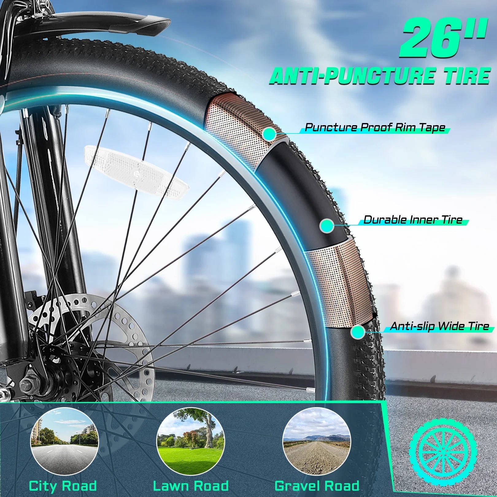 26" Electric Bike for Adults, 500W Motor Commuter Ebike, 48V 7.8Ah Removable Battery, Max 19.8Mph, 7 Speed Electric Bicycle, UL2849