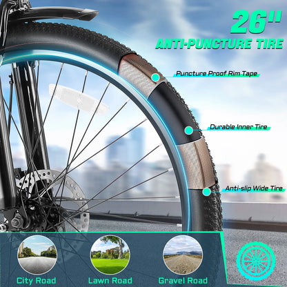 26" Electric Bike for Adults, 500W Motor Commuter Ebike, 48V 7.8Ah Removable Battery, Max 19.8Mph, 7 Speed Electric Bicycle, UL2849