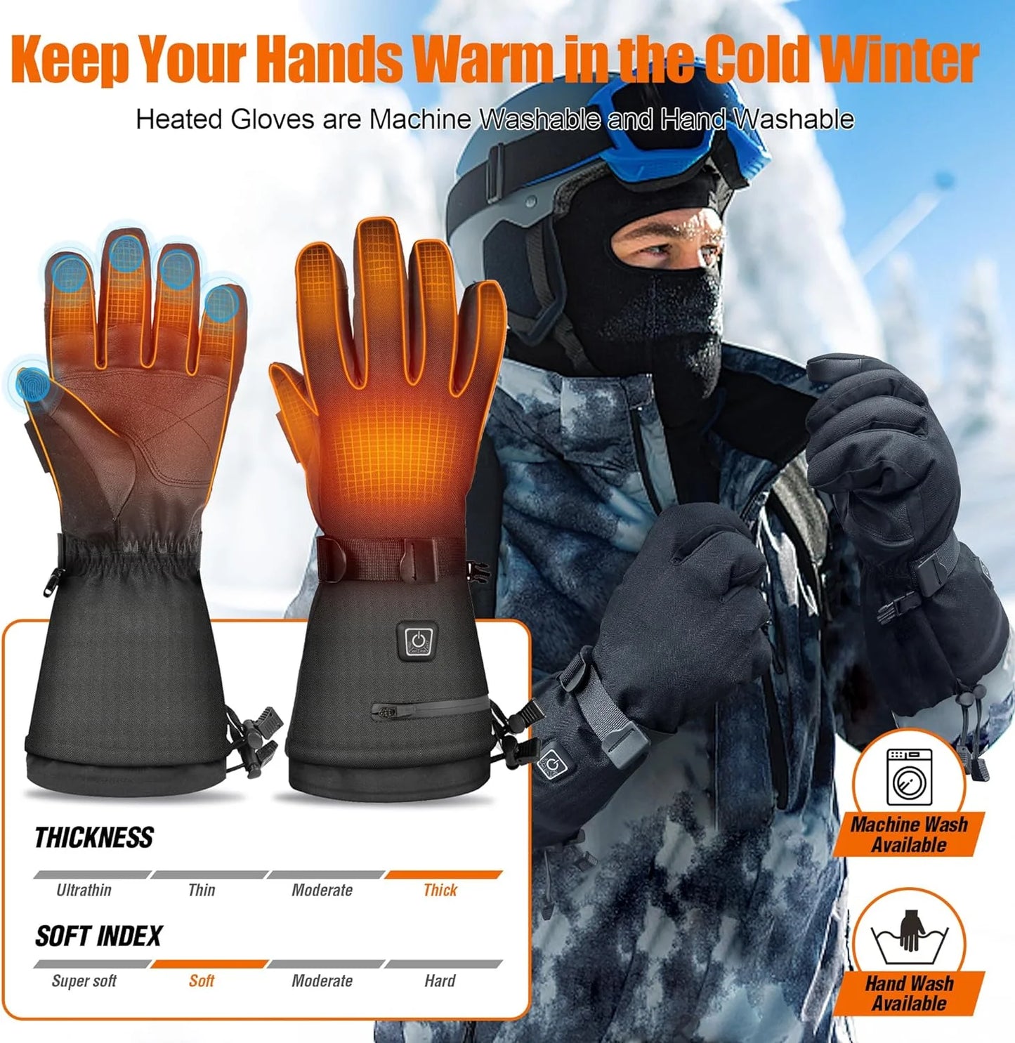Heated Gloves for Men Women,7.4V 22.2Wh Rechargeable Electric Heated Gloves,Up to 10H Heating,Touchscreen Ski Winter Gloves for Outdoor Skiing Hunting Work Hiking,M