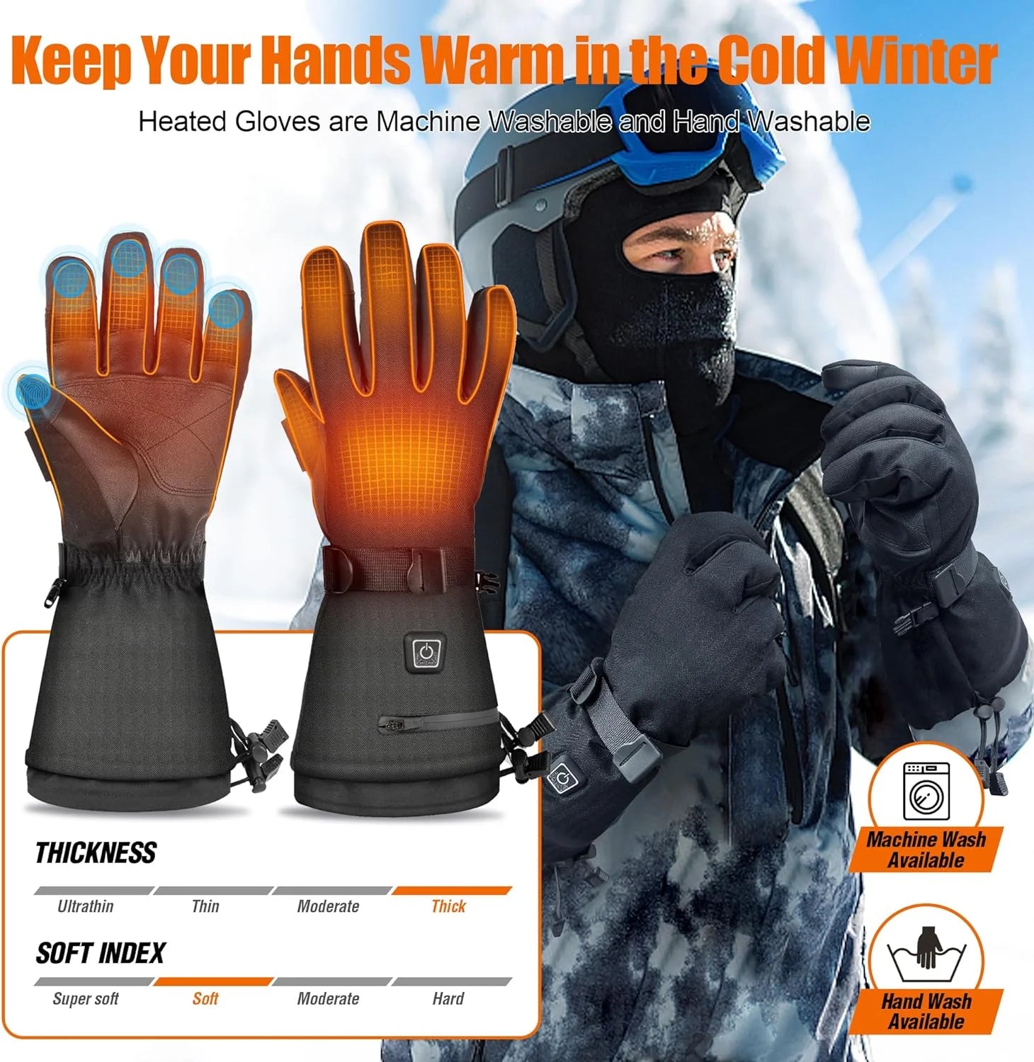 Heated Gloves for Men Women,7.4V 22.2Wh Rechargeable Electric Heated Gloves,Up to 10H Heating,Touchscreen Ski Winter Gloves for Outdoor Skiing Hunting Work Hiking,M