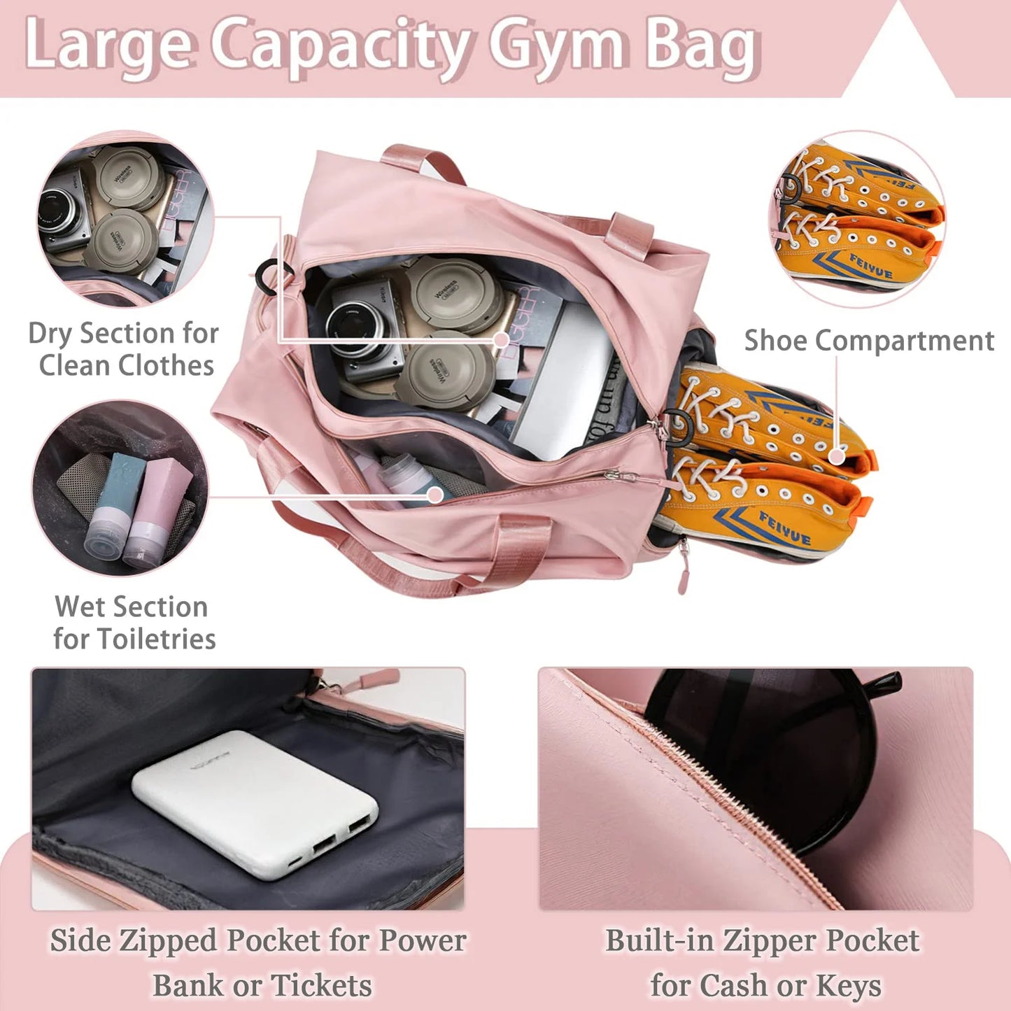 Gym Bag Sports Travel Duffel Bags for Women Weekender Overnight Tote Carry on Bag with Shoes Compartment Pink