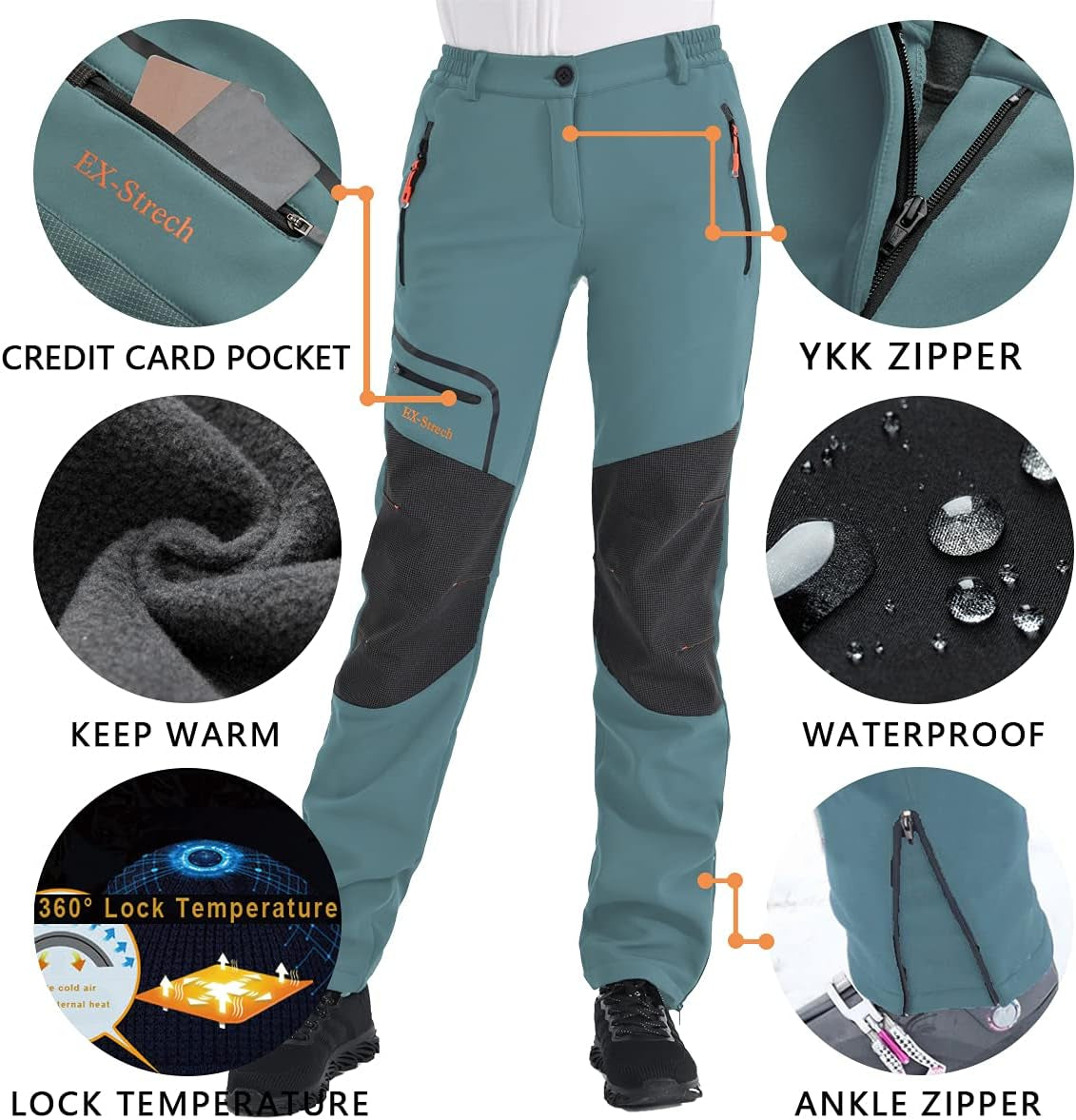 Womens Outdoor Snow Ski Pants Waterproof Hiking Insulated Softshell Pants Snowboard Zipper Bottom Leg