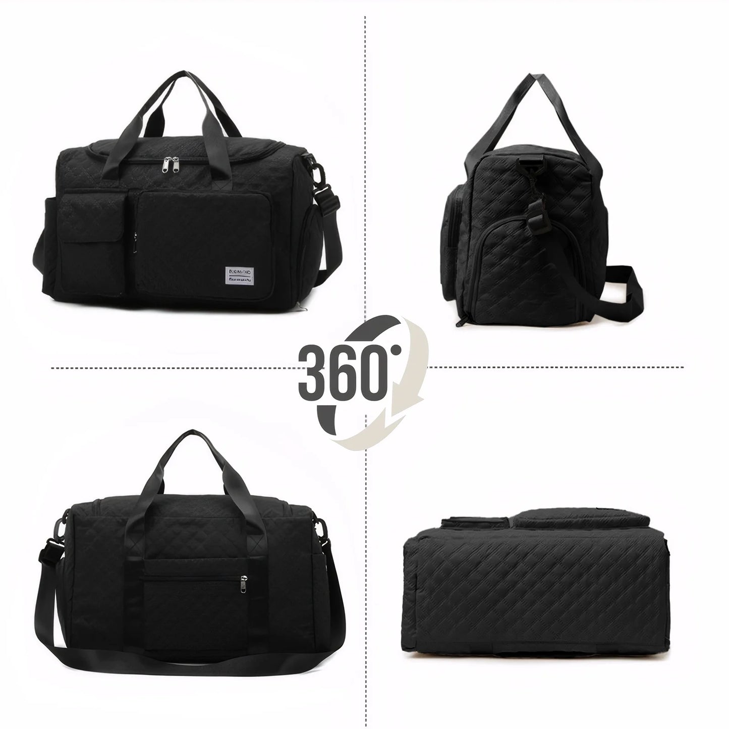 Travel Duffle Bag for Women Men, Weekender Bags Carry on Gym Bag with Wet Pocket/Adjustable Strap/Shoe Compartment, Foldable Waterproof Overnight Tote Bag for Plane Sports Dance, Black