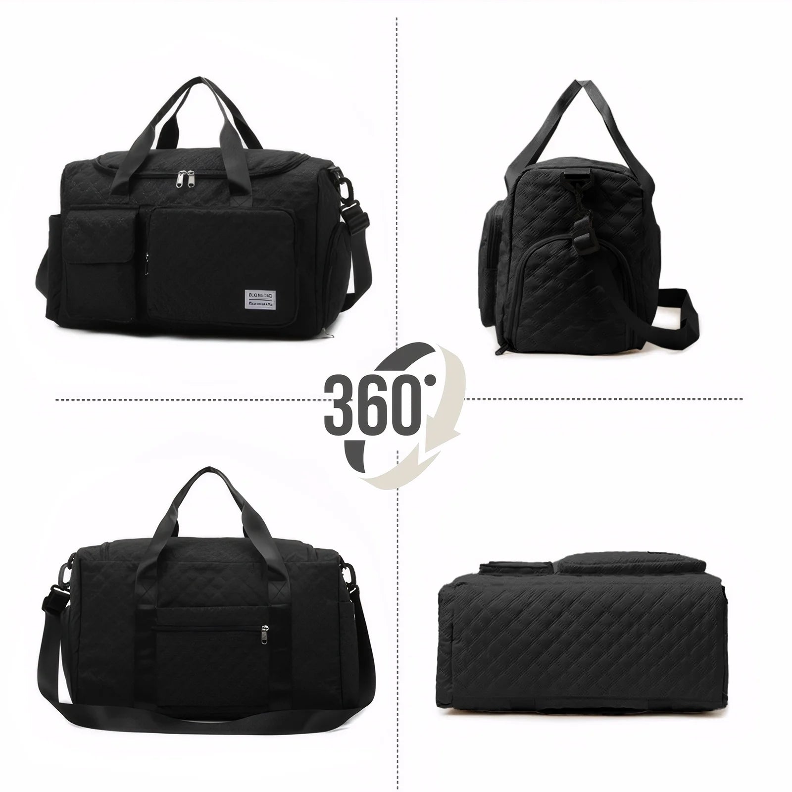 Travel Duffle Bag for Women Men, Weekender Bags Carry on Gym Bag with Wet Pocket/Adjustable Strap/Shoe Compartment, Foldable Waterproof Overnight Tote Bag for Plane Sports Dance, Black