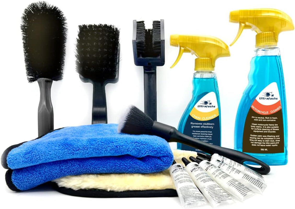 Motorcycle Dirtbike Wash Kit - Premium Cleaning and Detailing Set for Mudguard,Rims and Paint.Includes Motorcycle Cleaner(19 Oz),Chain Clean(10 Oz) Dry Lubricant(30Ml)