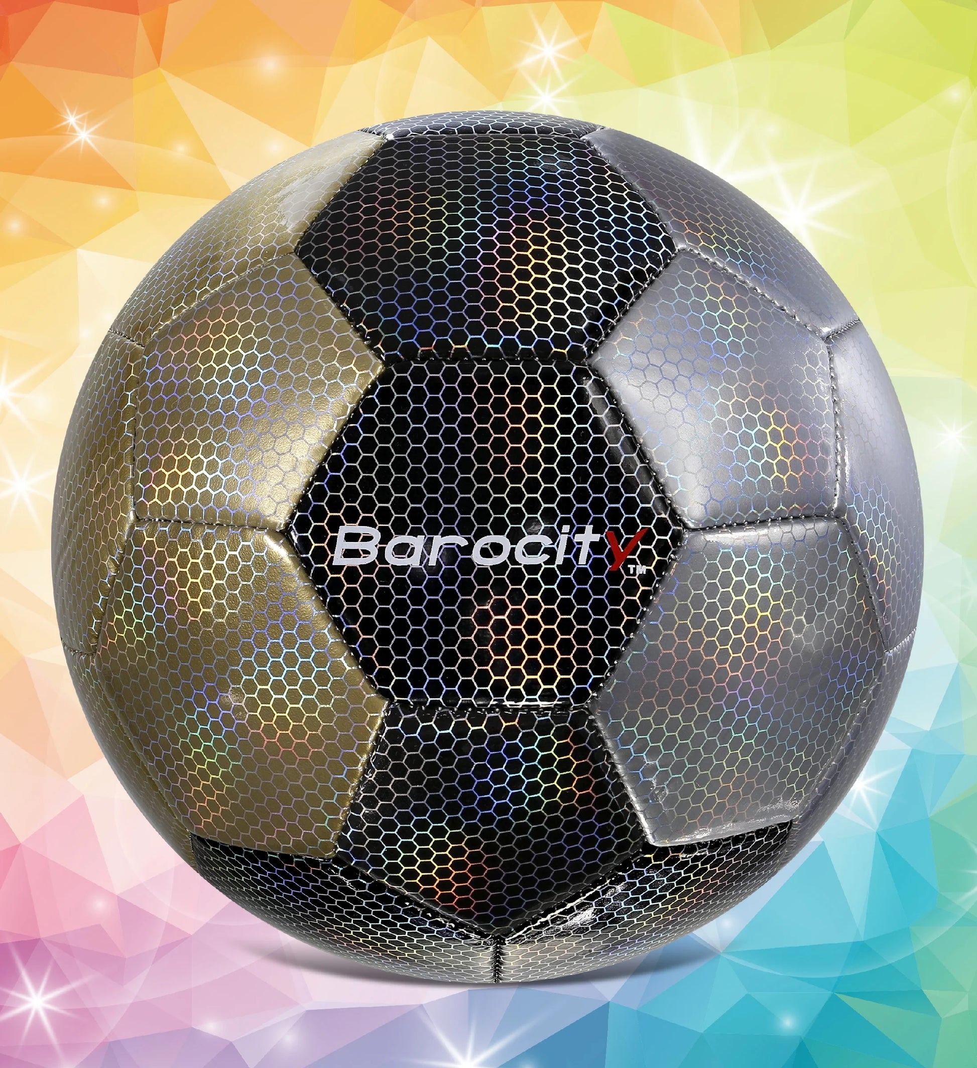 Barocity Mix Silver, Black, Gold Soccer Ball- Premium Size 3 with Reflective Iridescent Rainbow Hex Pattern, Boys and Girls, Kids for Indoor and Outdoor Playtime