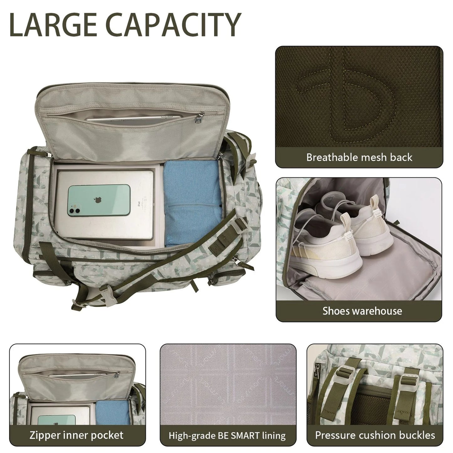 BE SMART 50L Extra Large Gym Backpack for Men, Big Gym Bag with Shoes Compartment, Waterproof Heavy Duty Duffel Bags, Men'S Workout Backpacks for Outdoor Sport,Hiking,Camping (XL)