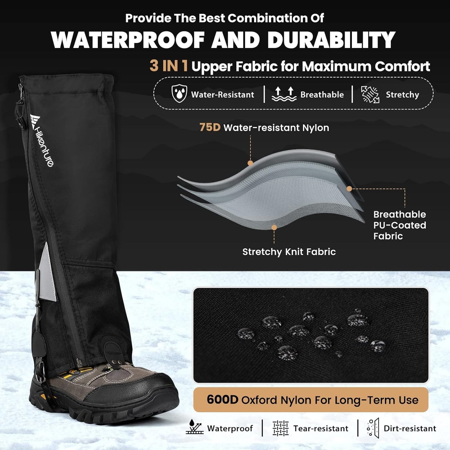 Hikenture Hiking Gaiters with Upgraded Zipper, Gaiters for Hiking Waterproof, Li