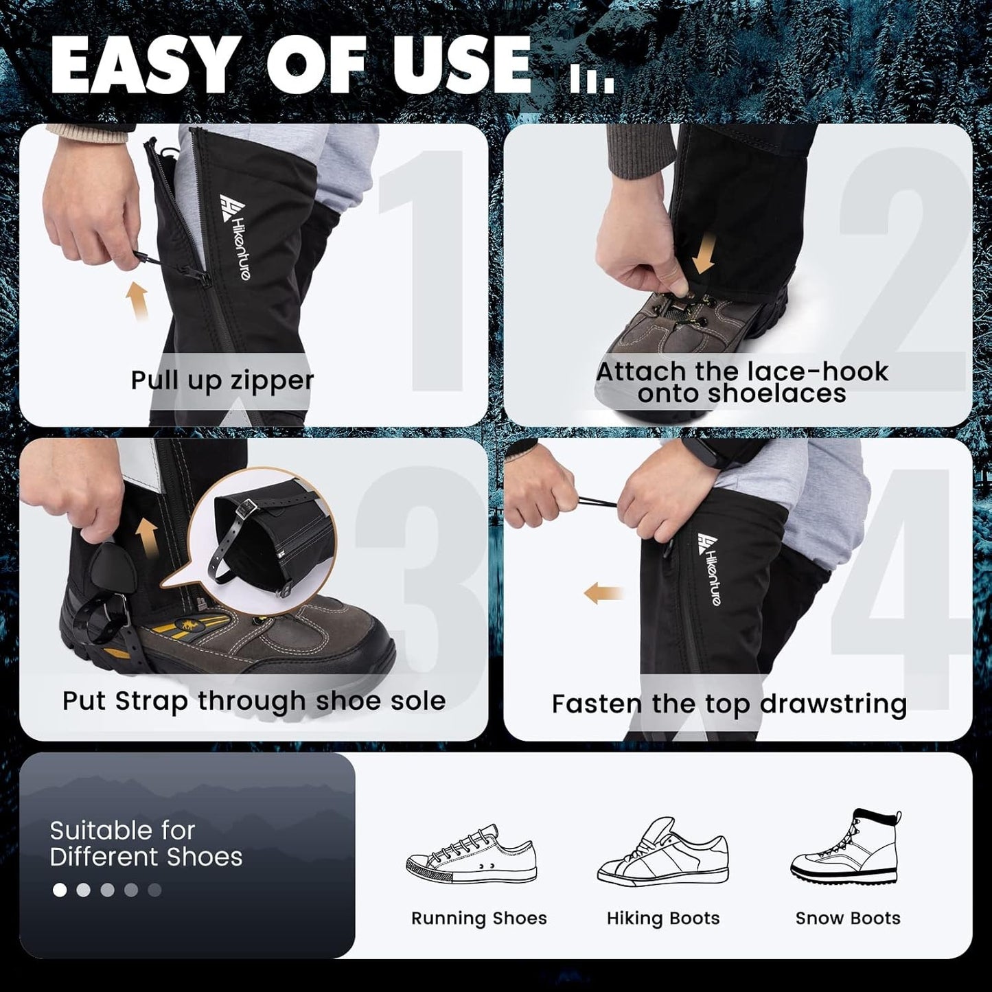 Hikenture Hiking Gaiters with Upgraded Zipper, Gaiters for Hiking Waterproof, Li