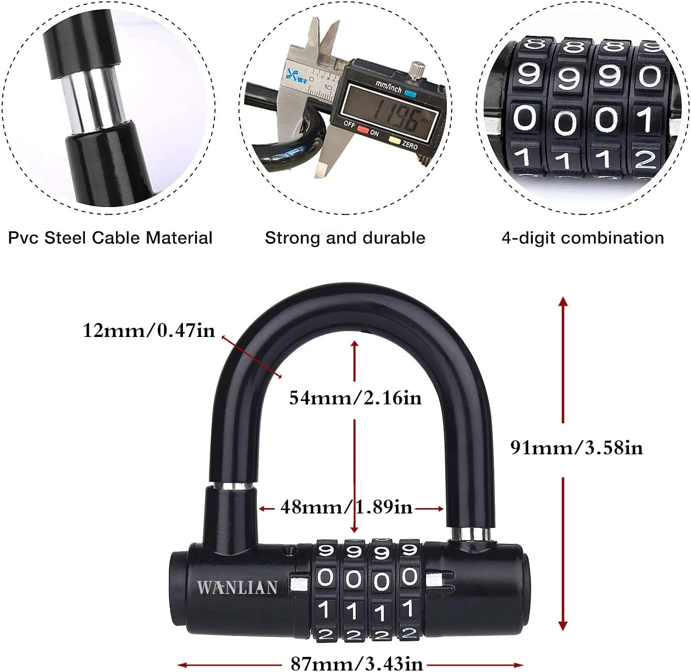 Bicycle Lock Cable,Bicycle Chain Lock,Safety Chain Lock Kit,Heavy Duty Motorcycle Lock,Bicycle Lock,4-Digit Padlock,Bicycle U-Shaped Lock with Cable,12Mm Shackle and 10Mm X 1.8M Cable,Steel Chain Lock