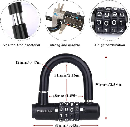 Bicycle Lock Cable,Bicycle Chain Lock,Safety Chain Lock Kit,Heavy Duty Motorcycle Lock,Bicycle Lock,4-Digit Padlock,Bicycle U-Shaped Lock with Cable,12Mm Shackle and 10Mm X 1.8M Cable,Steel Chain Lock