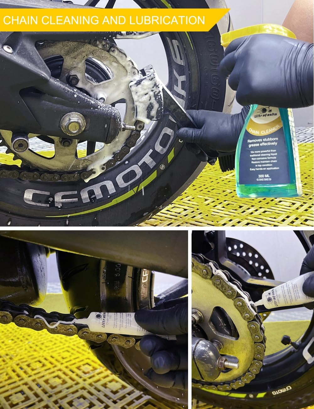 Motorcycle Dirtbike Wash Kit - Premium Cleaning and Detailing Set for Mudguard,Rims and Paint.Includes Motorcycle Cleaner(19 Oz),Chain Clean(10 Oz) Dry Lubricant(30Ml)