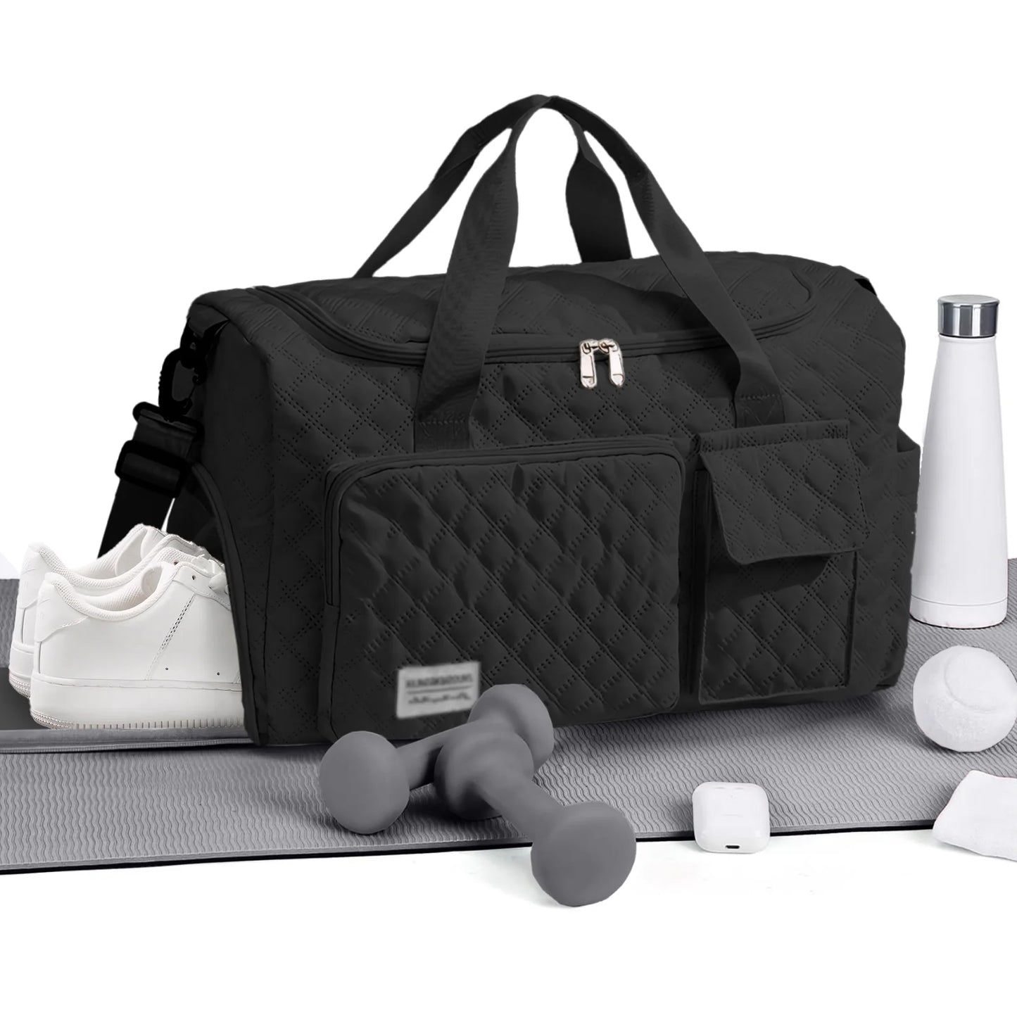 Travel Duffle Bag for Women Men, Weekender Bags Carry on Gym Bag with Wet Pocket/Adjustable Strap/Shoe Compartment, Foldable Waterproof Overnight Tote Bag for Plane Sports Dance, Black