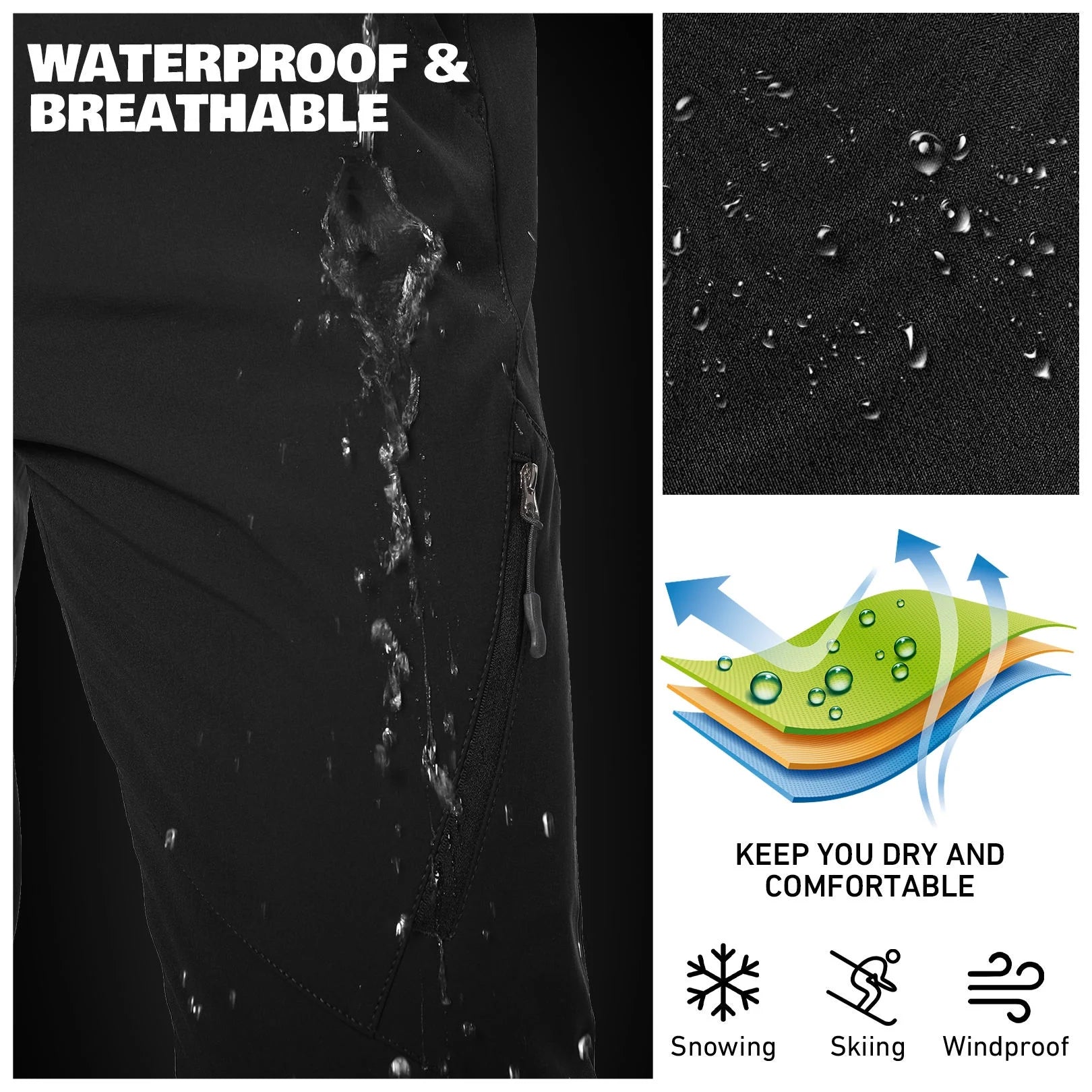 Mens Snow Pants,Waterproof Fleece Lined Winter Regular Fit Pants Black 38