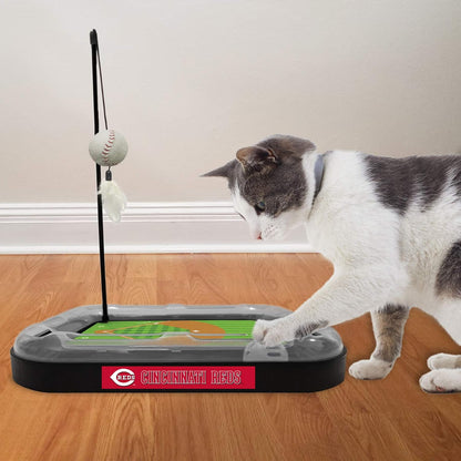 Cat Scratching Toy MLB Cincinnati Reds Baseball Field Cat Scratcher Toy with Interactive Cat Ball Bell in Tracks. 5-In-1 CAT Toy: Cat Wand Poll with Catnip Filled Plush Baseball & Feathers.