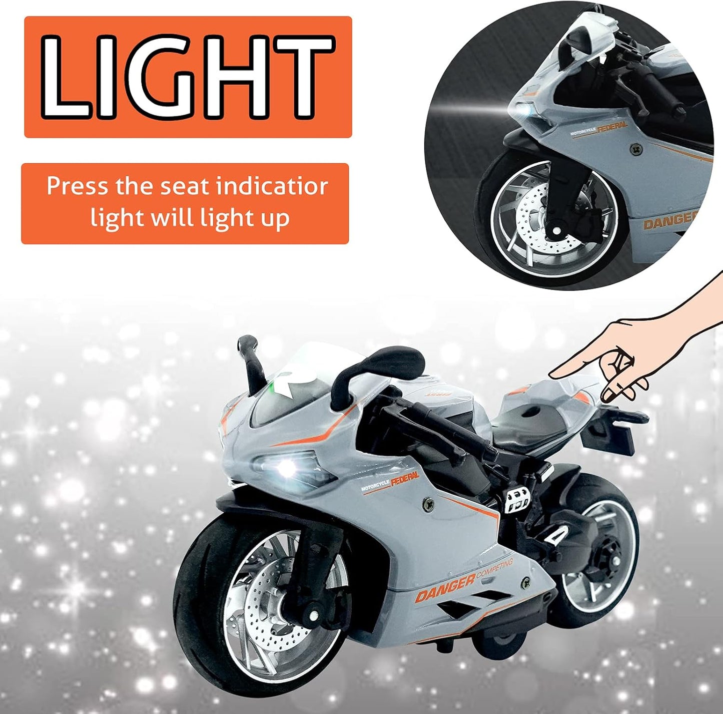 Toy Motorcycle-Pull Back Motorcycle Toy with Sounds and Lights,1:12 Scale Motorcycle Model Toy for Kids, Pull Back Vehicle Boys Kids for Age 3+ Year Old Birthday Supplies (Gray)